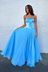 Dreamyannie Blue Flowing Chiffon Strapless Corset Prom Dress With Bow Bodice Formal Evening Gown