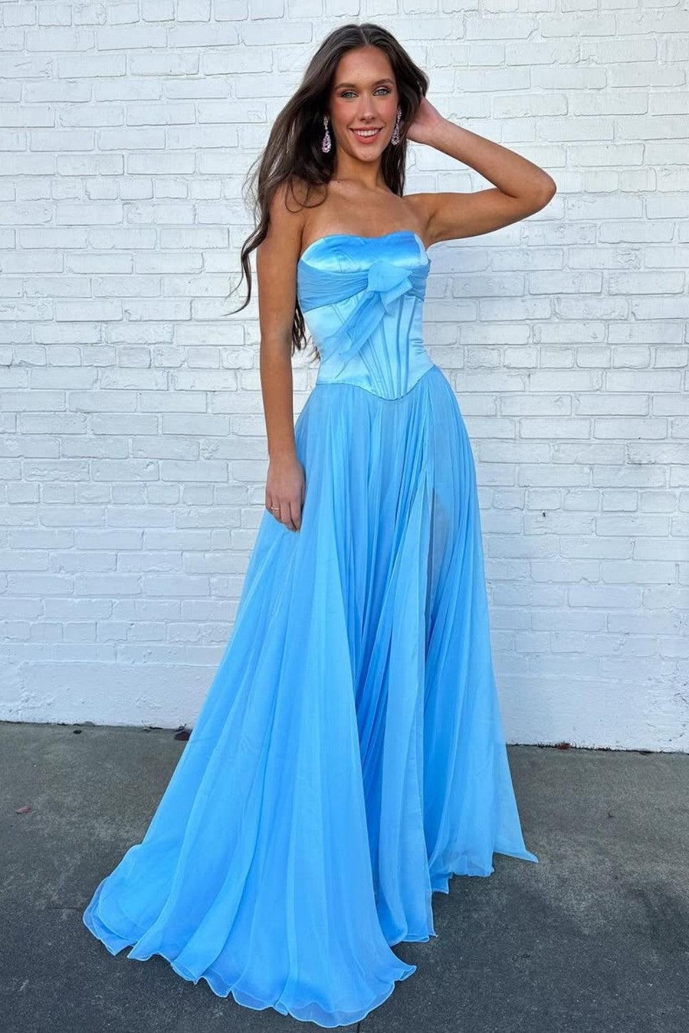Dreamyannie Blue Flowing Chiffon Strapless Corset Prom Dress With Bow Bodice Formal Evening Gown