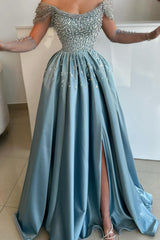 Dreamyannie Blue Prom Dress A Line Off The Shoulder Pearls Rhinestones Evening Dress With Slit