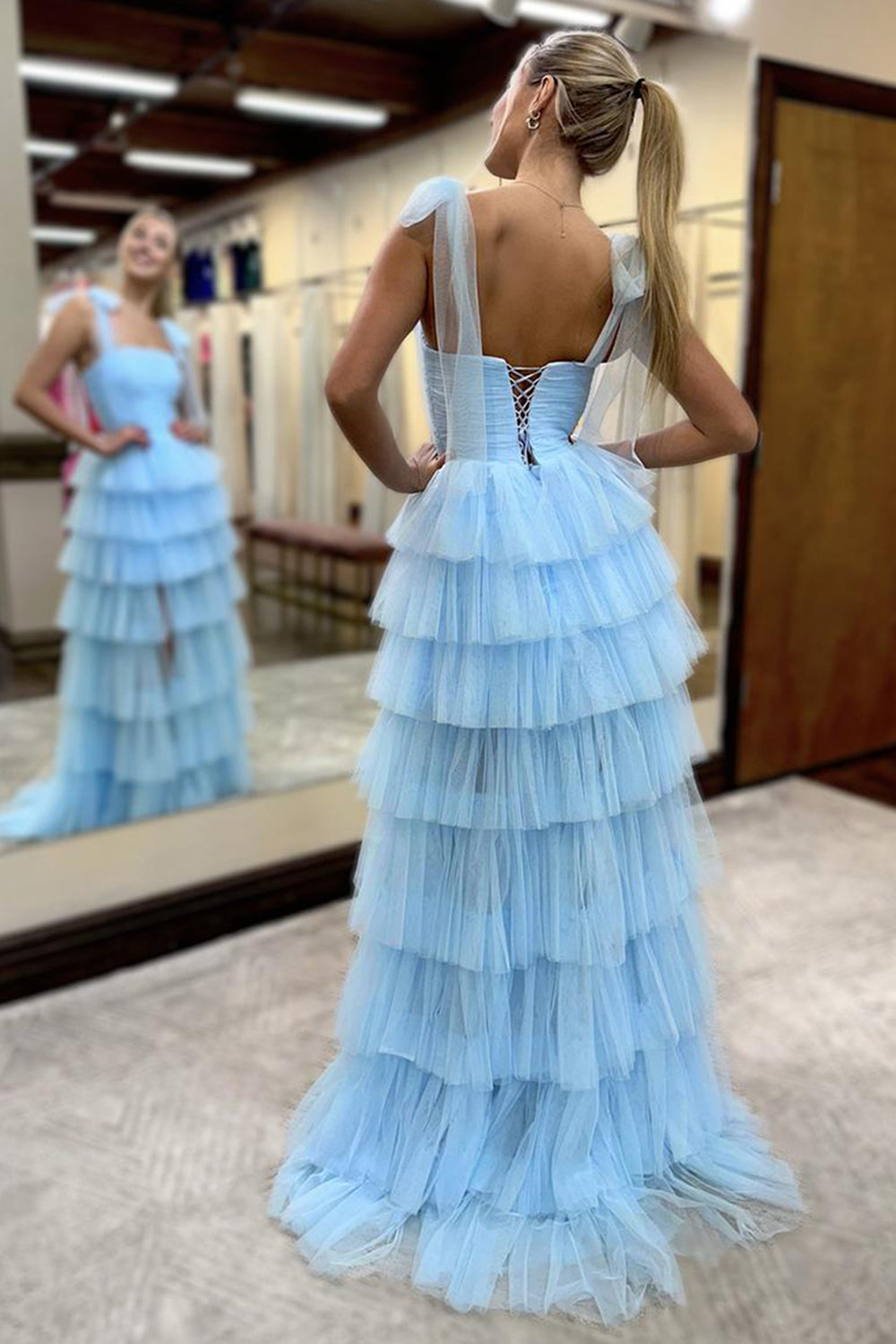 Dreamyannie Blue Prom Dress A-Line Ruffled Tulle Long Evening Dress With Slit