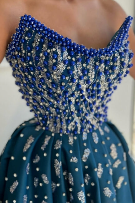 Dreamyannie Blue Prom Dress A Line Strapless Beading Evening Dress With Slit