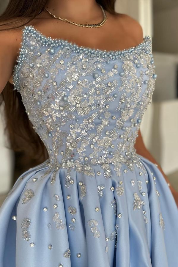 Dreamyannie Blue Prom Dress A Line Strapless Sleeveless Sequined Beaded Satin Formal Dress With Rhinestones And Pearls