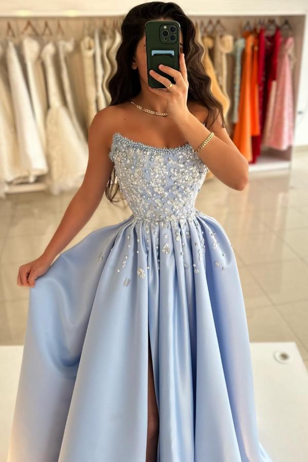 Dreamyannie Blue Prom Dress A Line Strapless Sleeveless Sequined Beaded Satin Formal Dress With Rhinestones And Pearls