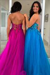 Dreamyannie Blue Prom Dress Appliques A-Line Sweetheart Corset Long Evening Dress