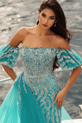 Dreamyannie Blue Prom Dress Column Strapless Off The Shoulder Sleeveless Sequined Panel Train Tulle Formal Dress