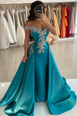 Dreamyannie Blue Prom Dress Column V Neck Off The Shoulder Sleeveless Beaded Panel Train Satin Formal Dress