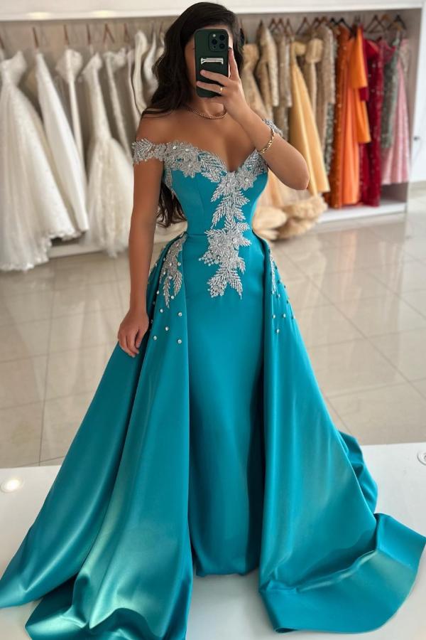 Dreamyannie Blue Prom Dress Column V Neck Off The Shoulder Sleeveless Beaded Panel Train Satin Formal Dress