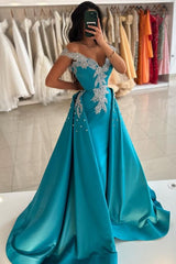 Dreamyannie Blue Prom Dress Column V Neck Off The Shoulder Sleeveless Beaded Panel Train Satin Formal Dress