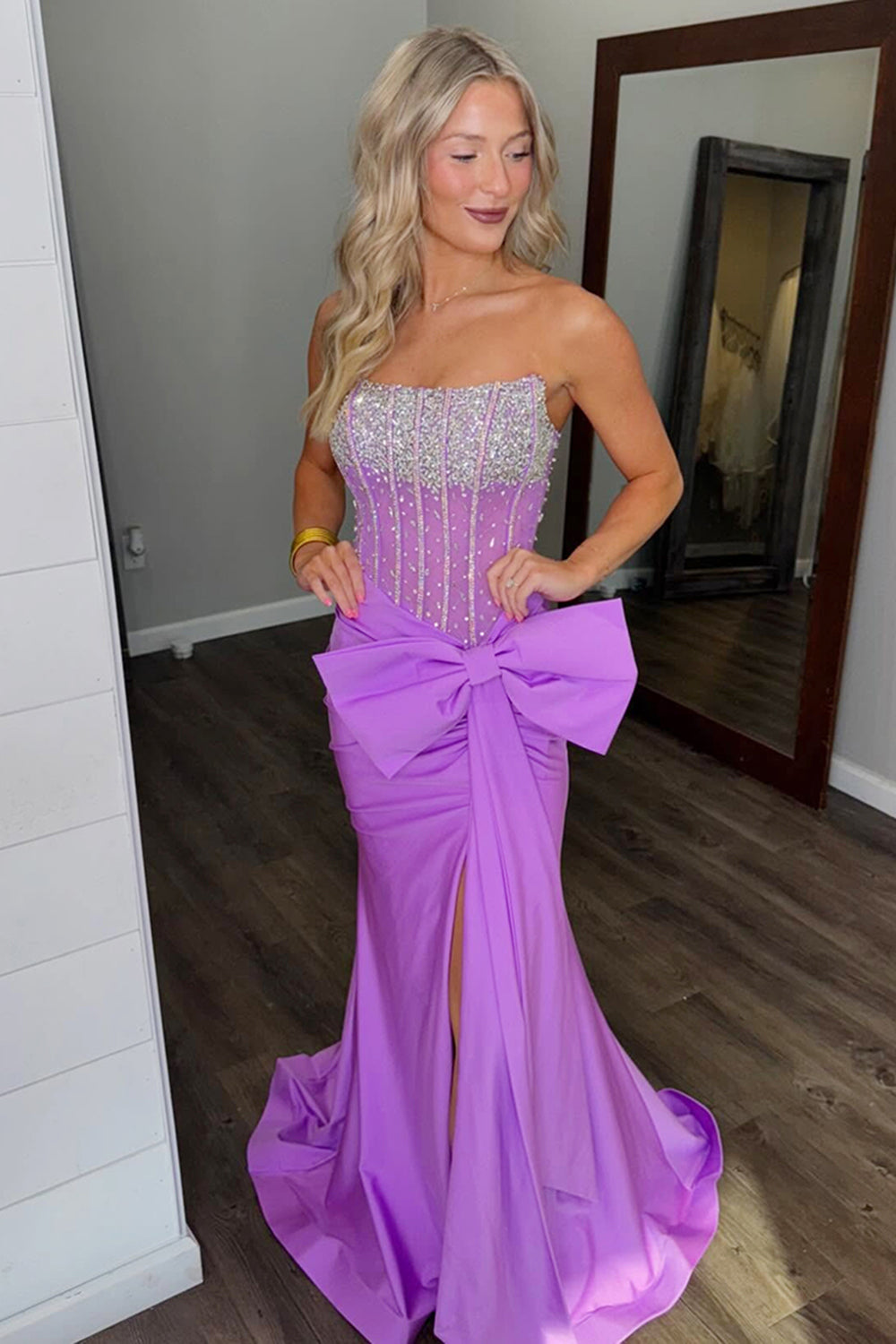 Dreamyannie Blue Prom Dress Corset Strapless Long Evening Dress With Slit