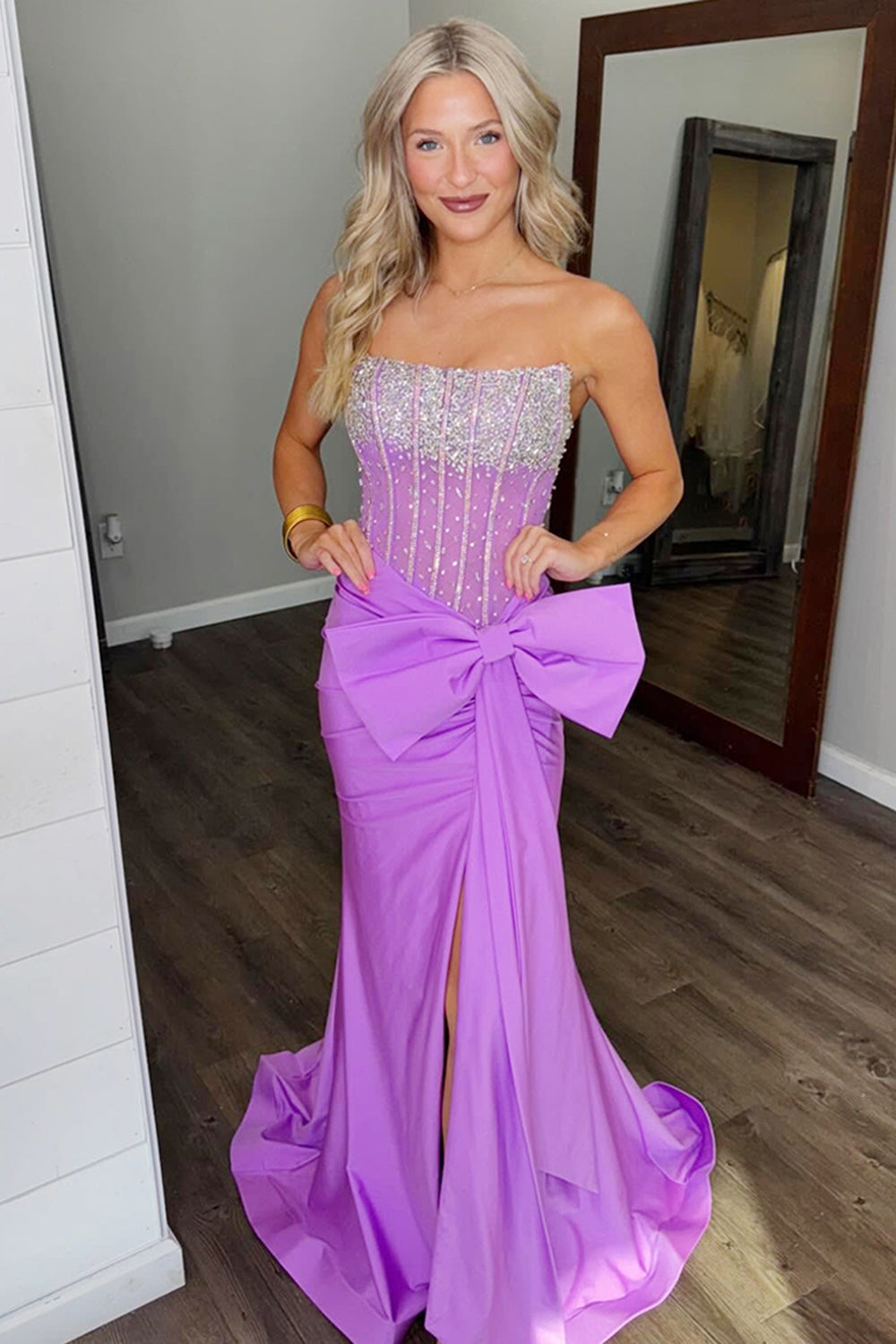 Dreamyannie Blue Prom Dress Corset Strapless Long Evening Dress With Slit