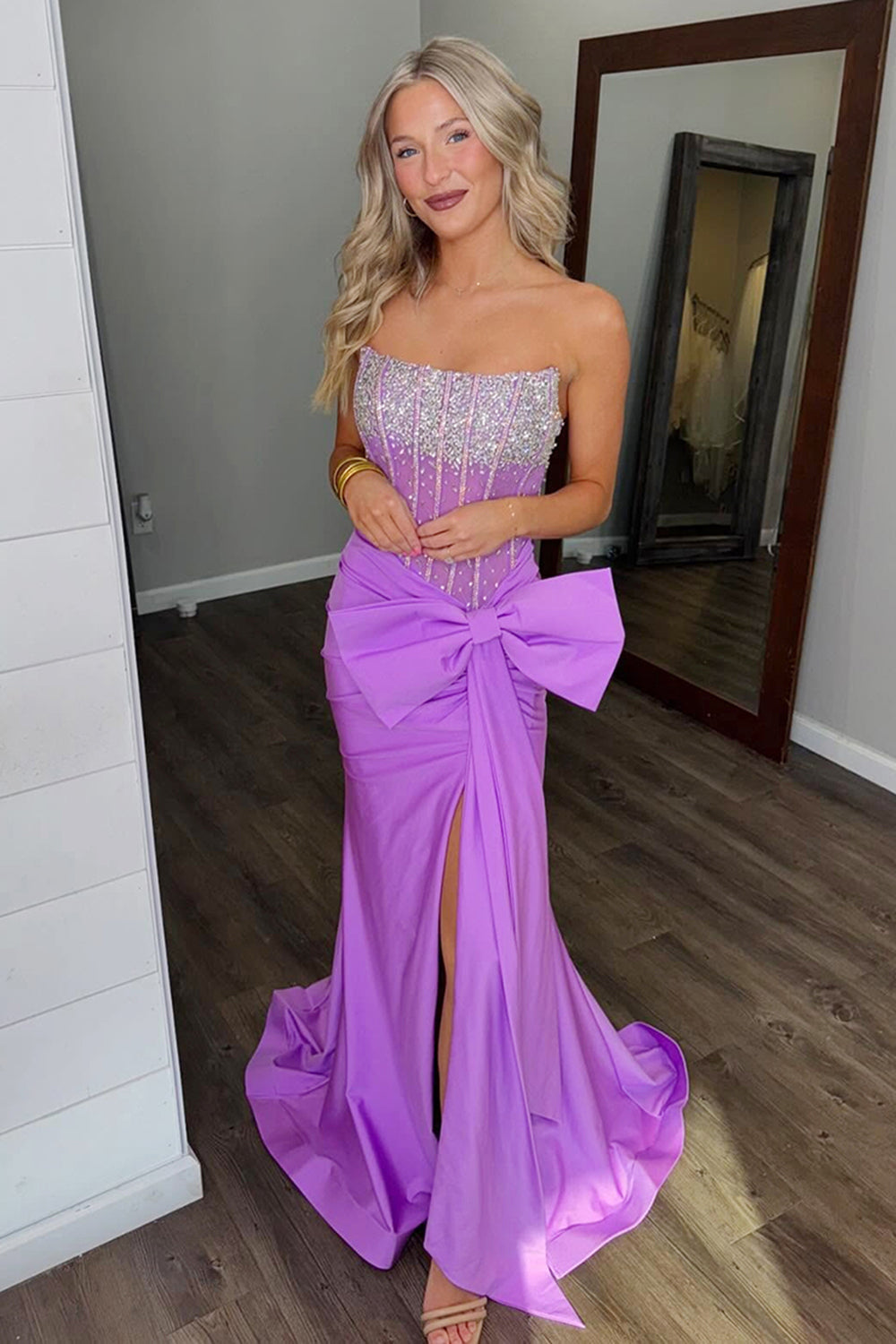 Dreamyannie Blue Prom Dress Corset Strapless Long Evening Dress With Slit