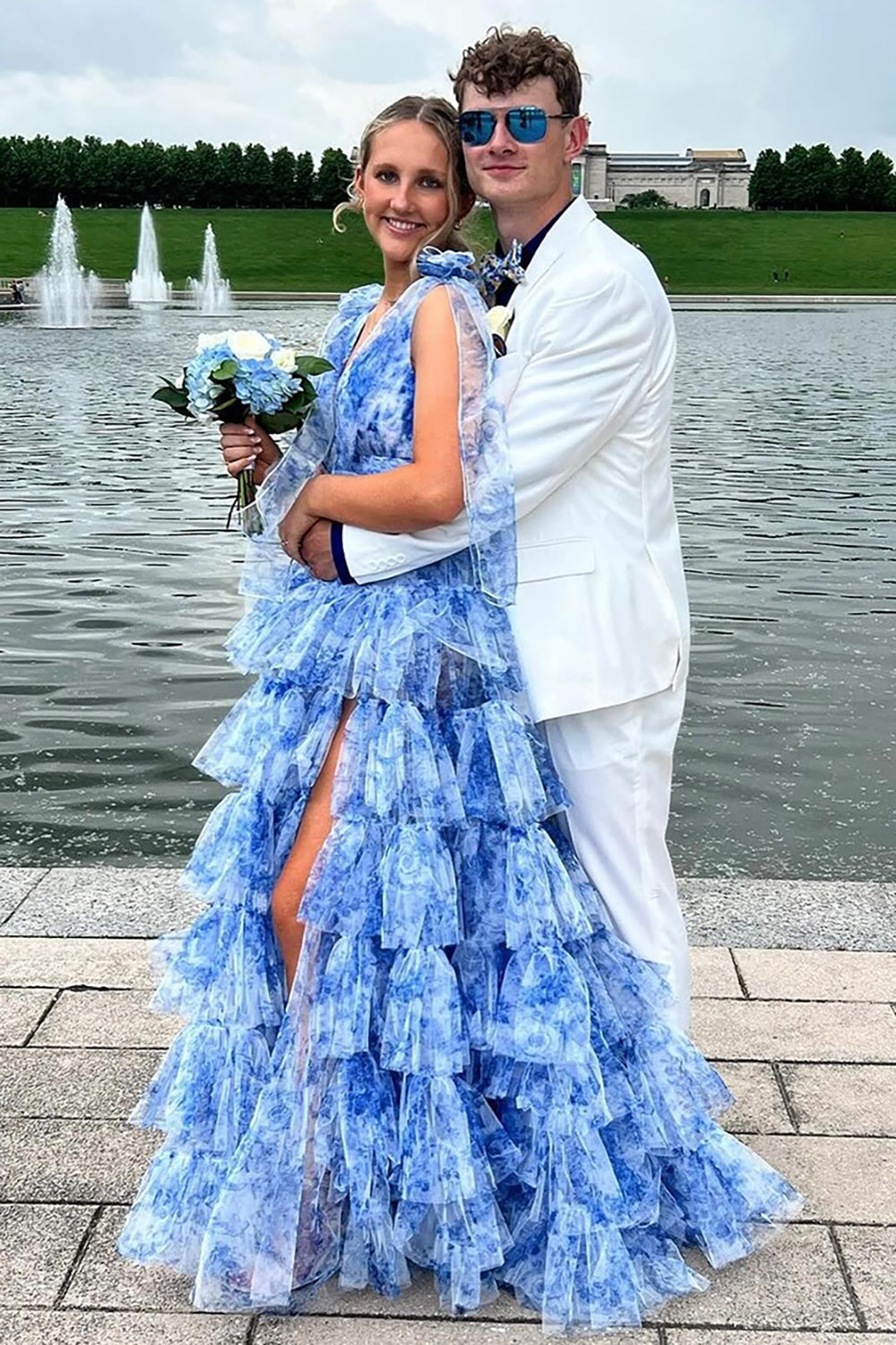 Dreamyannie Blue Prom Dress Floral A-Line Tiered Tie-Strap Evening Dress With Slit