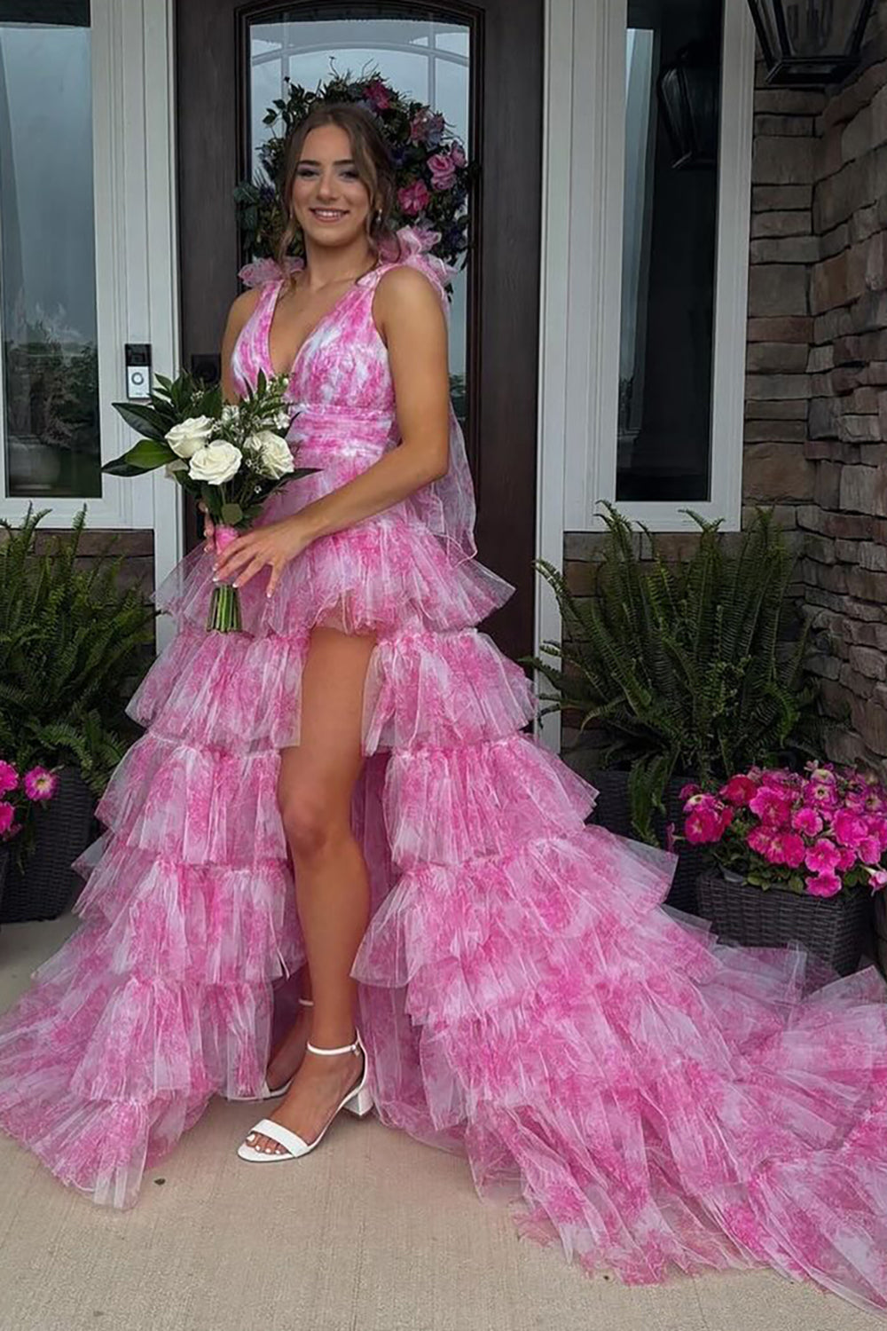 Dreamyannie Blue Prom Dress Floral A-Line Tiered Tie-Strap Evening Dress With Slit