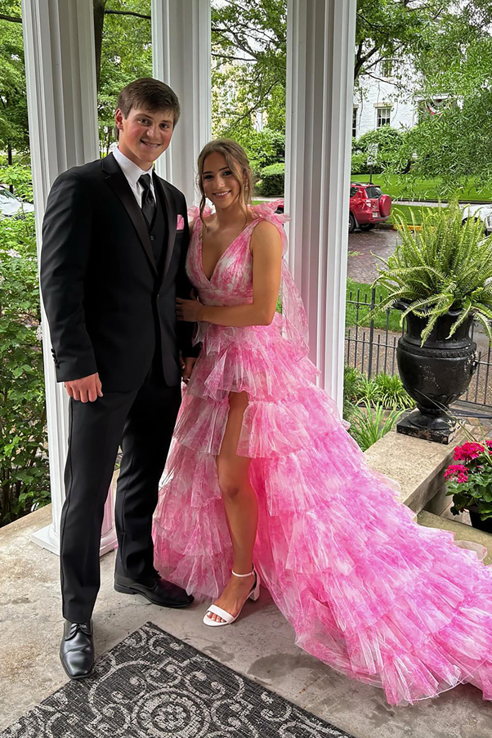 Dreamyannie Blue Prom Dress Floral A-Line Tiered Tie-Strap Evening Dress With Slit