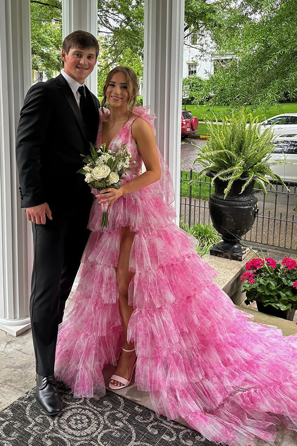 Dreamyannie Blue Prom Dress Floral A-Line Tiered Tie-Strap Evening Dress With Slit