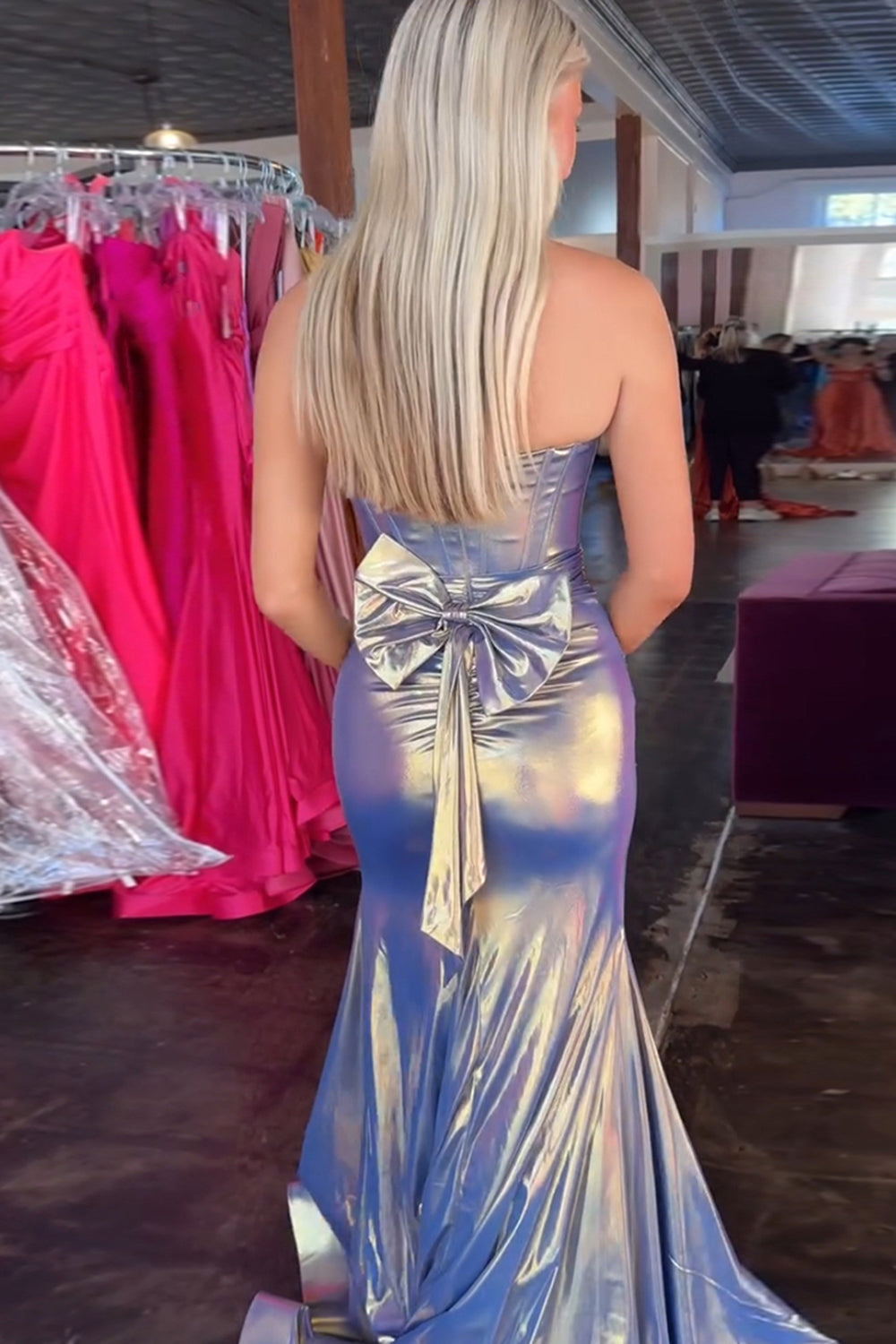 Dreamyannie Blue Prom Dress Gold Prom Dress Corset Metallic Formal Dress With Slit