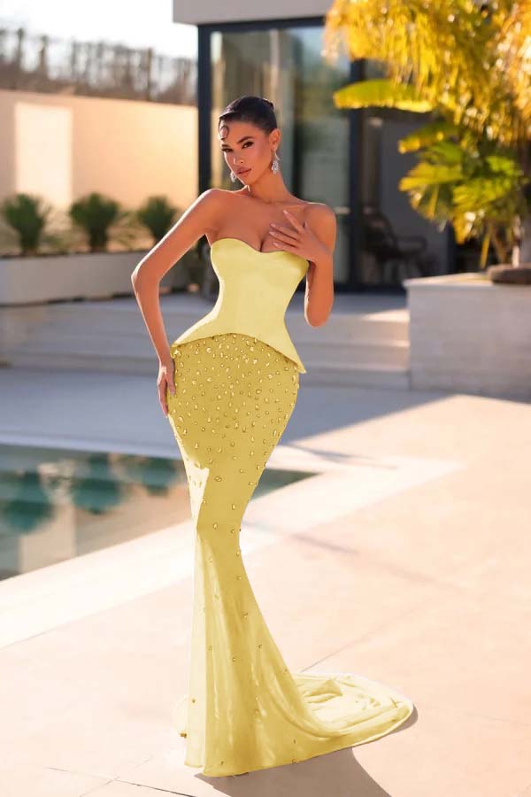 Dreamyannie Blue Prom Dress Mermaid Beaded Strapless Sleeveless Satin Chiffon Formal Dress With Rhinestone
