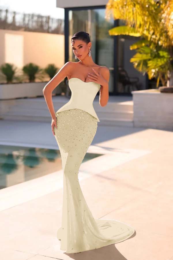 Dreamyannie Blue Prom Dress Mermaid Beaded Strapless Sleeveless Satin Chiffon Formal Dress With Rhinestone