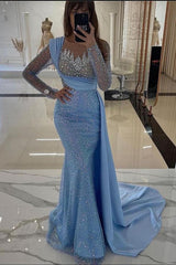 Dreamyannie Blue Prom Dress Mermaid Crew Sleeves Sequined Panel Train Tulle Formal Dress With Rhinestones