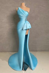 Dreamyannie Blue Prom Dress Mermaid One Shoulder Sleeveless Beaded Satin Slit Formal Dress With Rhinestone