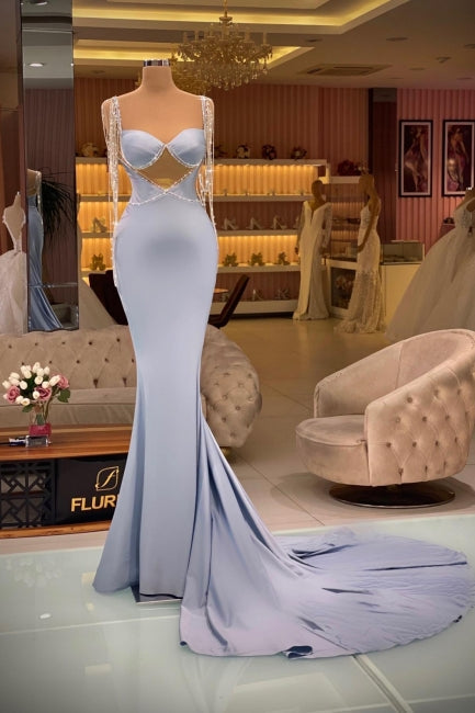 Dreamyannie Blue Prom Dress Mermaid Sleeveless Beaded Satin Sweep Train Formal Dress With Tassels