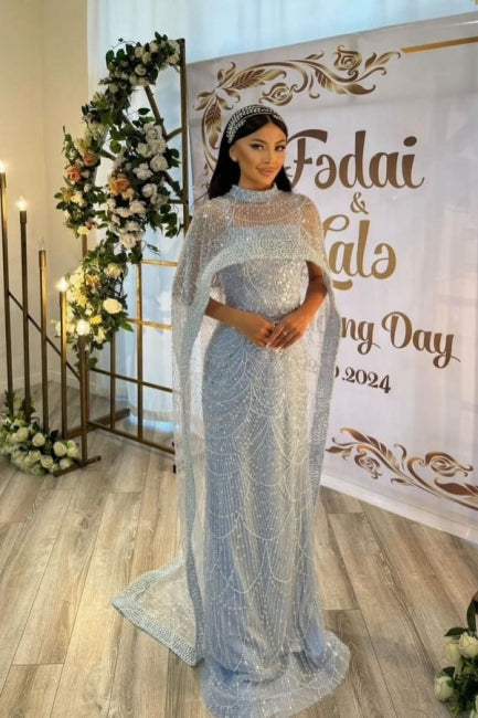 Dreamyannie Blue Prom Dress Mermaid Spaghetti Strap Sequined Sleeveless Tulle Formal Dress