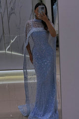 Dreamyannie Blue Prom Dress Mermaid Spaghetti Strap Sequined Sleeveless Tulle Formal Dress