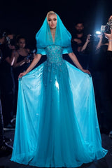Dreamyannie Blue Prom Dress Off The Shoulder A Line Sleeveless Tulle Formal Dress With Appliques