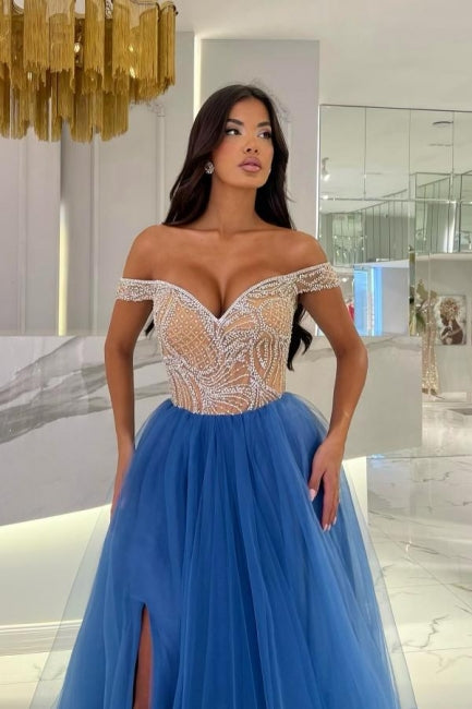 Dreamyannie Blue Prom Dress Off The Shoulder Beaded A Line Sleeveless Floor Length Formal Dress With Slit