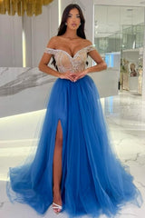 Dreamyannie Blue Prom Dress Off The Shoulder Beaded A Line Sleeveless Floor Length Formal Dress With Slit
