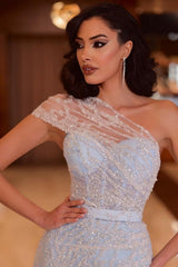 Dreamyannie Blue Prom Dress One Shoulder Beading Lace Evening Dress With Slit