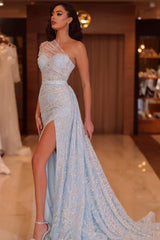 Dreamyannie Blue Prom Dress One Shoulder Beading Lace Evening Dress With Slit