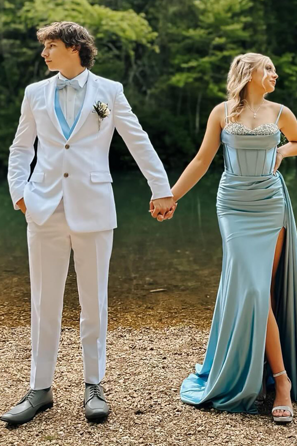 Dreamyannie Blue Prom Dress Rhinestones Wrap Ruched Satin Long Mermaid Formal Dress With Slit
