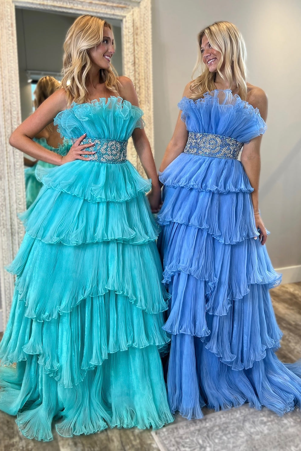 Dreamyannie Blue Prom Dress Ruffled Beaded A-Line Long Evening Dress