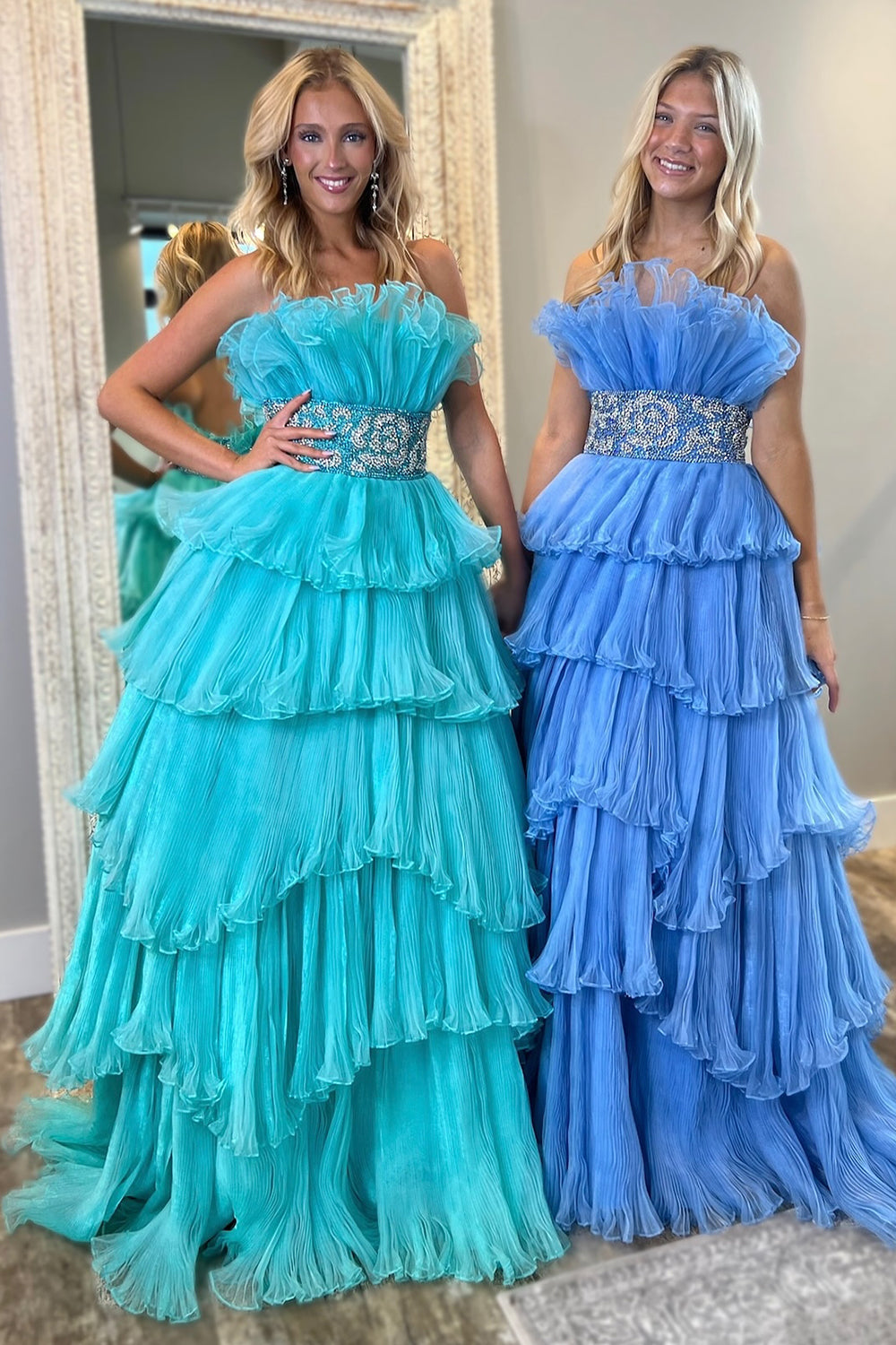 Dreamyannie Blue Prom Dress Ruffled Beaded A-Line Long Evening Dress