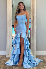 Dreamyannie Blue Prom Dress Ruffled Mermaid Long Lace Satin Formal Dress With Slit