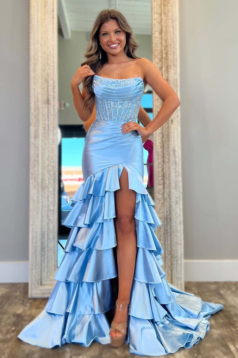 Dreamyannie Blue Prom Dress Ruffled Mermaid Long Lace Satin Formal Dress With Slit