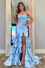Dreamyannie Blue Prom Dress Ruffled Mermaid Long Lace Satin Formal Dress With Slit