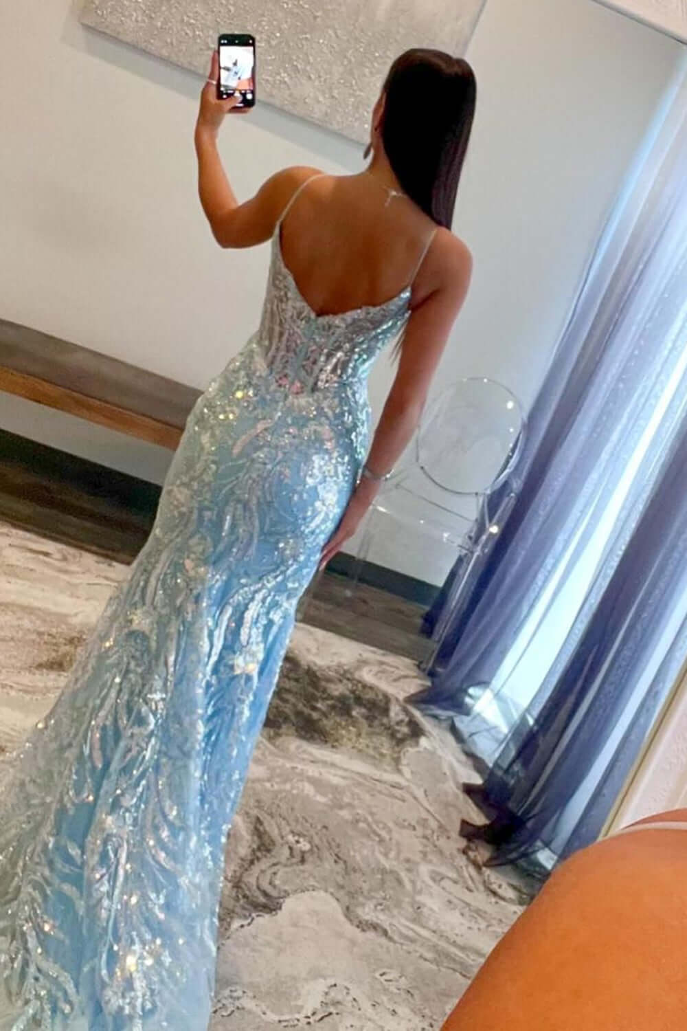 Dreamyannie Blue Prom Dress Spaghetti Straps Corset Mermaid Tulle Evening Dress