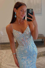 Dreamyannie Blue Prom Dress Spaghetti Straps Corset Mermaid Tulle Evening Dress