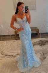 Dreamyannie Blue Prom Dress Spaghetti Straps Corset Mermaid Tulle Evening Dress