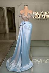 Dreamyannie Blue Prom Dress Strapless Beaded Off The Shoulder Column Satin Panel Train Formal Dress