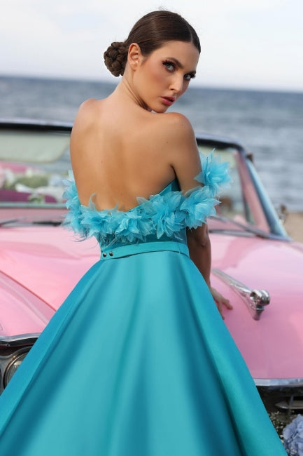 Dreamyannie Blue Prom Dress Sweetheart A Line Off The Shoulder Sleeveless Backless Satin Formal Dress With Slit