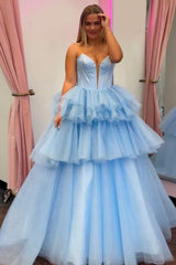 Dreamyannie Blue Prom Dress Tiered A-Line Sweetheart Long Evening Dress