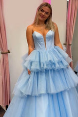 Dreamyannie Blue Prom Dress Tiered A-Line Sweetheart Long Evening Dress