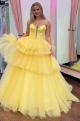 Dreamyannie Blue Prom Dress Tiered A-Line Sweetheart Long Evening Dress