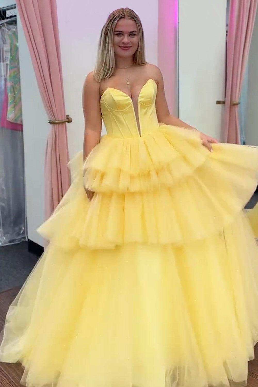 Dreamyannie Blue Prom Dress Tiered A-Line Sweetheart Long Evening Dress