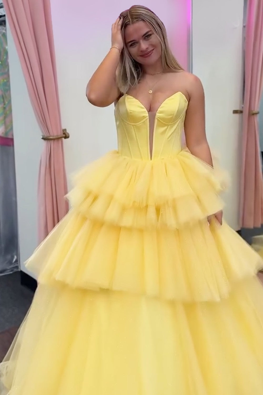 Dreamyannie Blue Prom Dress Tiered A-Line Sweetheart Long Evening Dress