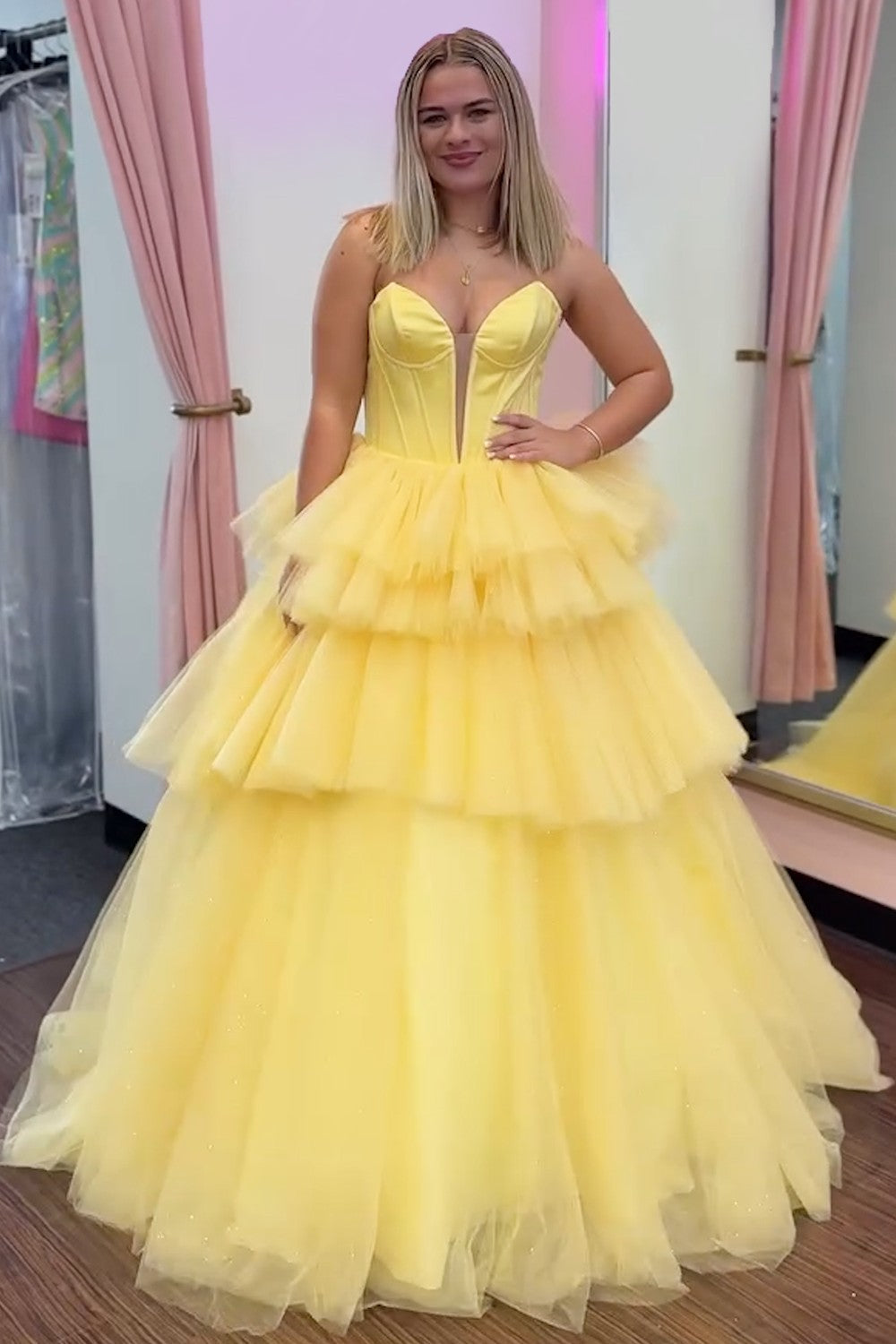Dreamyannie Blue Prom Dress Tiered A-Line Sweetheart Long Evening Dress