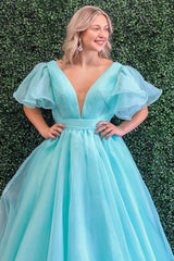 Dreamyannie Blue Prom Dress V-Neck A Line Ruched Evening Dress With Puff Sleeves